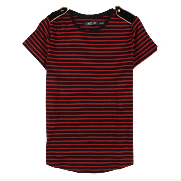 Ralph Lauren Stripe T-Shirt Red Black Gold Crew Neck Small Epaulets - Picture 1 of 10